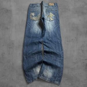 Denim‎ Japanese Embroidered Baggy Jeans Y2K Grunge Distressed Style Size XL